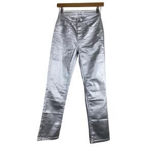 Superdown Women's Size 23 Shiny Silver Coated Button Fly‎ Skinny Jeans *